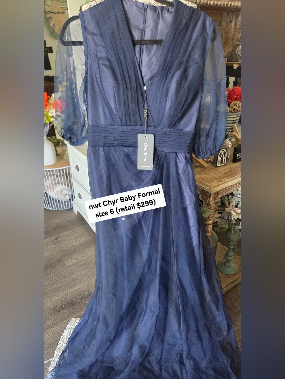 Navy Maxi Dress with Sheer Sleeves